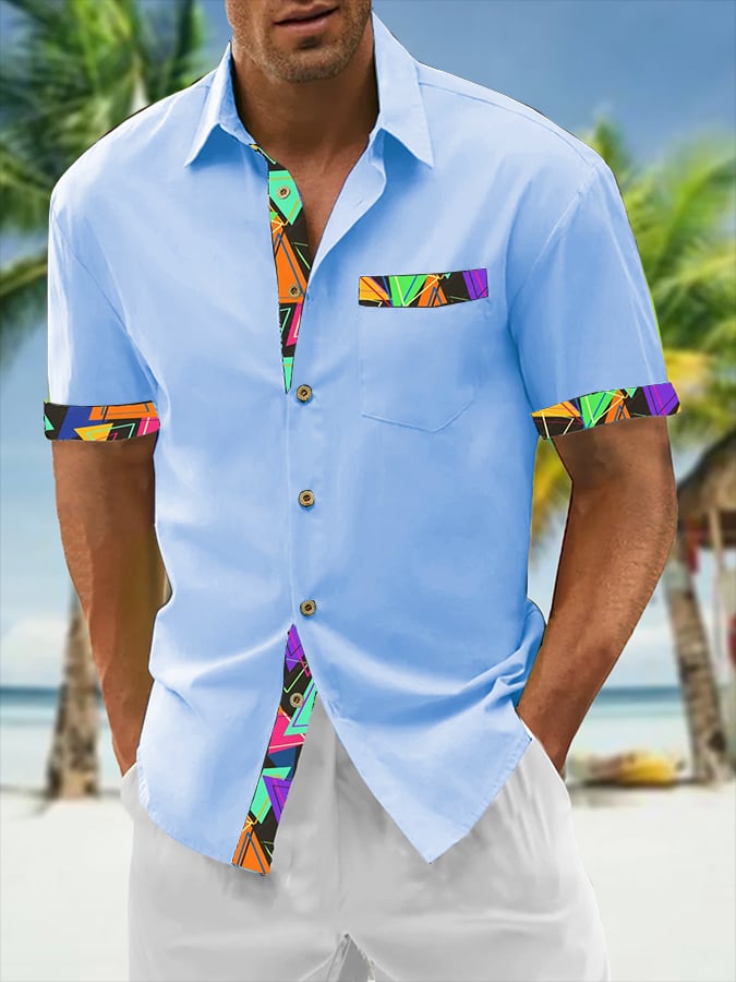 Camisa Resort Style Contrast estampado casual de manga corta para hombre