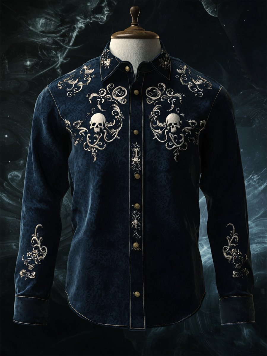 Camisa retro casual Skull estampado de manga larga para hombre
