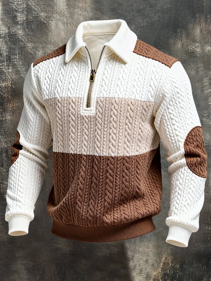 Sudadera retro jacquard texturizado Patchpara trabajo Comfortable Color-Blocked con cierre para hombre