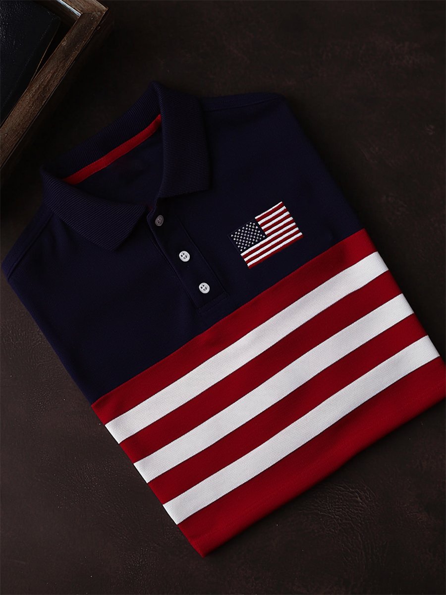 Camisa polo ejecutivo casual Independence Day a rayas Button de manga corta para hombre