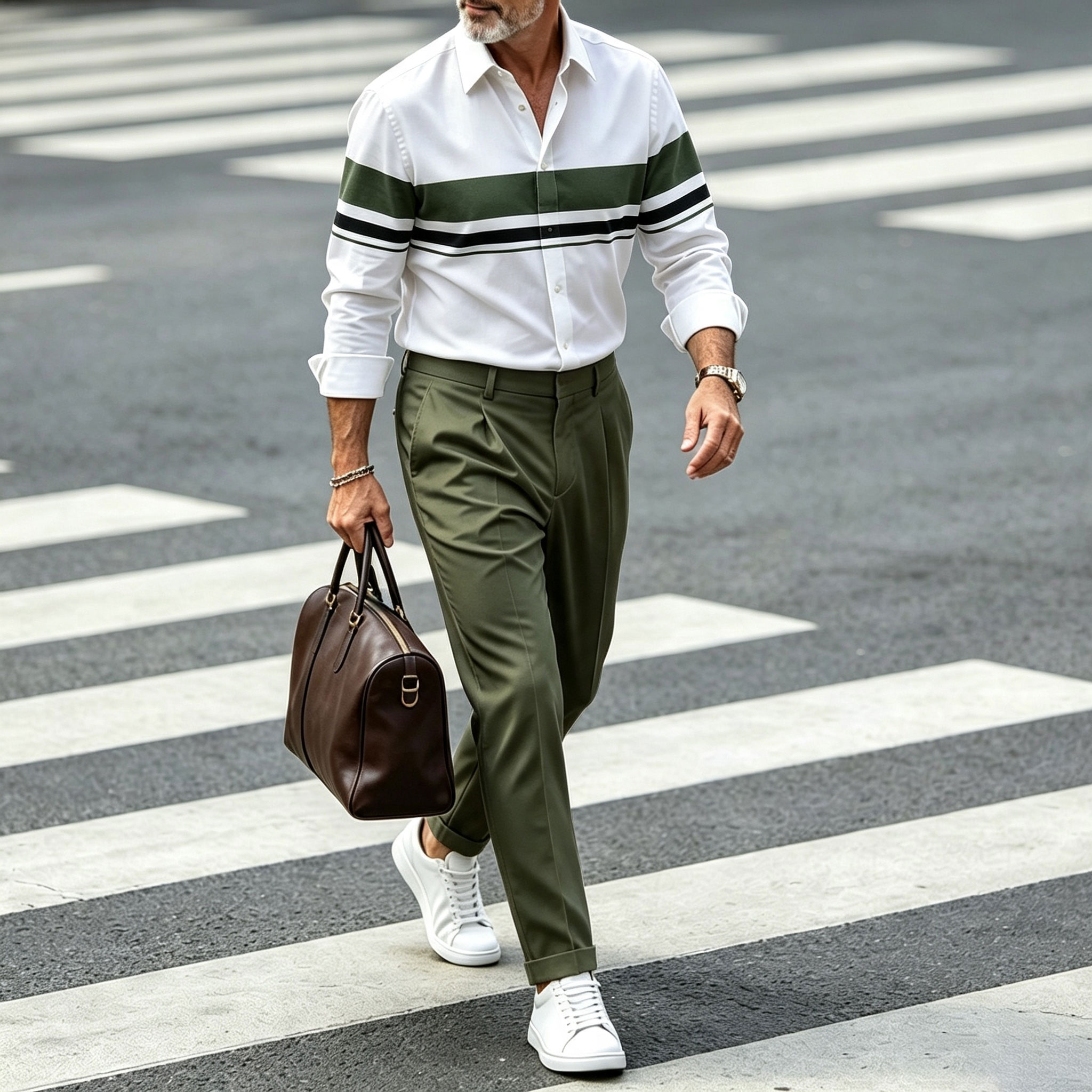 para hombre Horizontal-a rayas Collared de manga larga camisa and pantalón Set