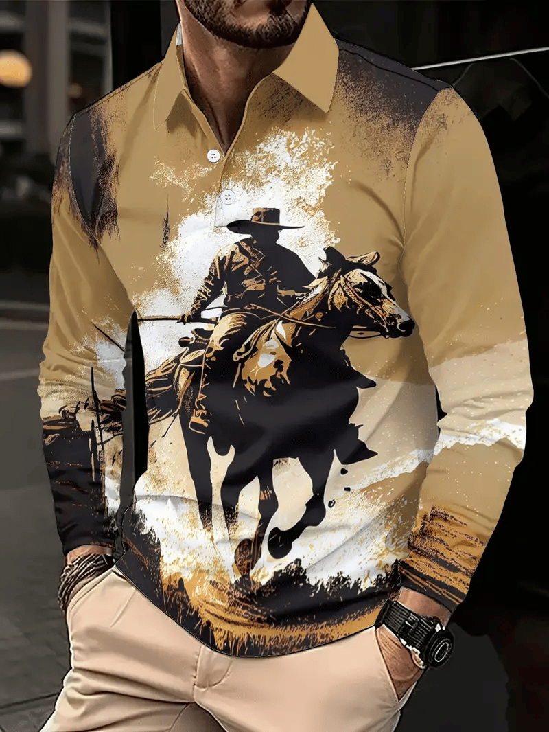 Camisa polo vintage Western Cowboy estampado de manga larga para hombre