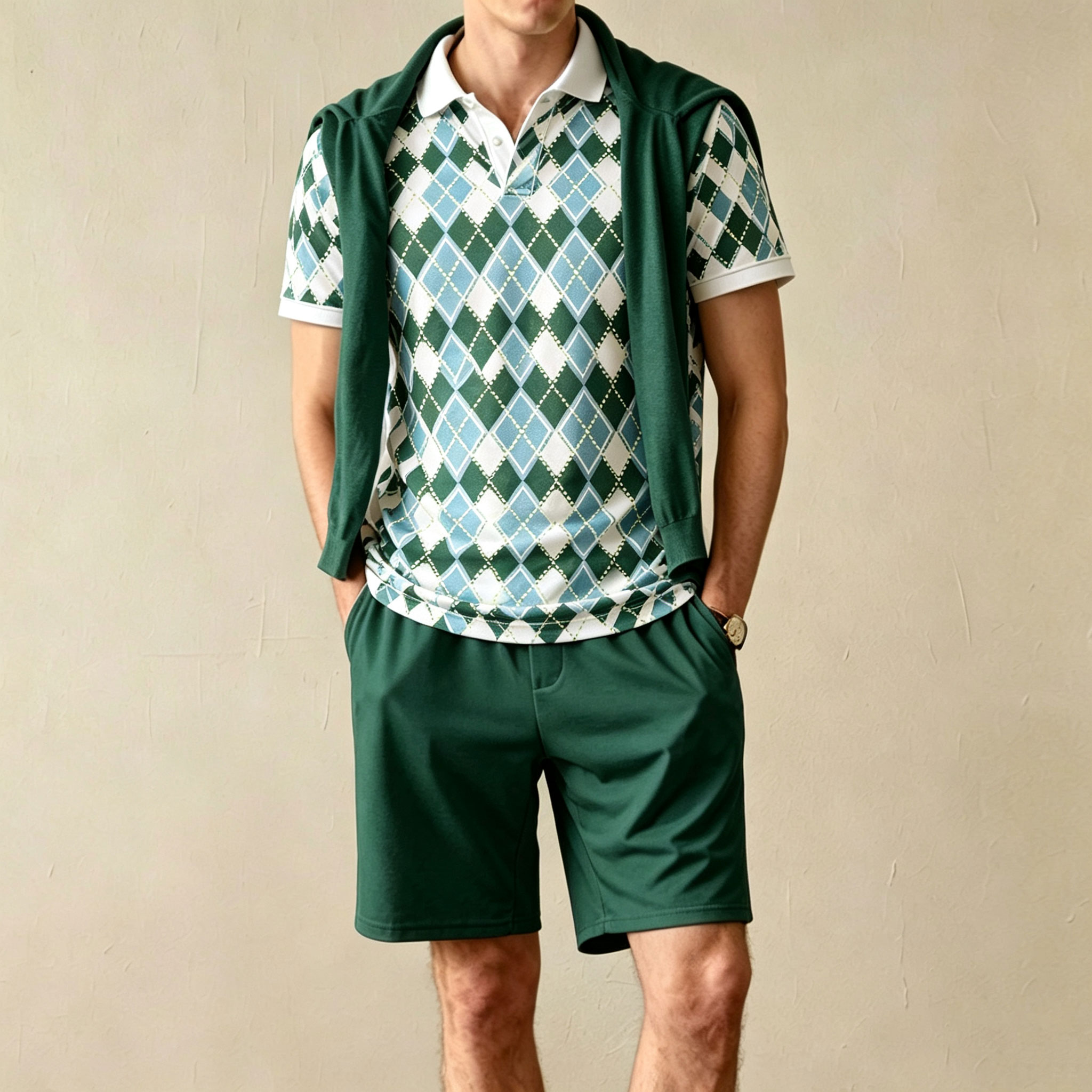 Conjunto de dos piezas casual Diamond-Patterned de manga corta camisa polo and shorts para hombre