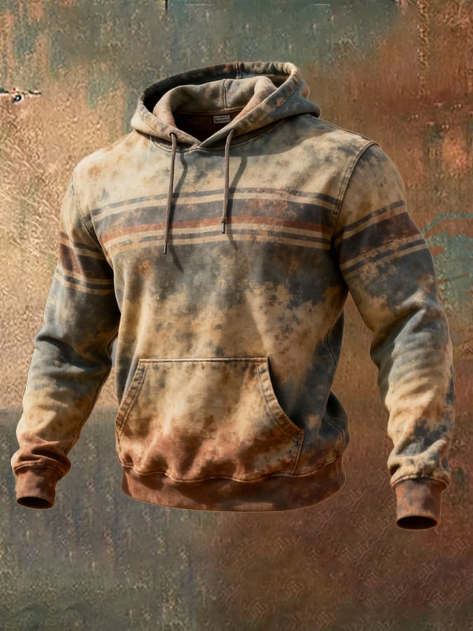 Sudadera retro desgastado en bloques de color estampado casual de manga larga para hombre