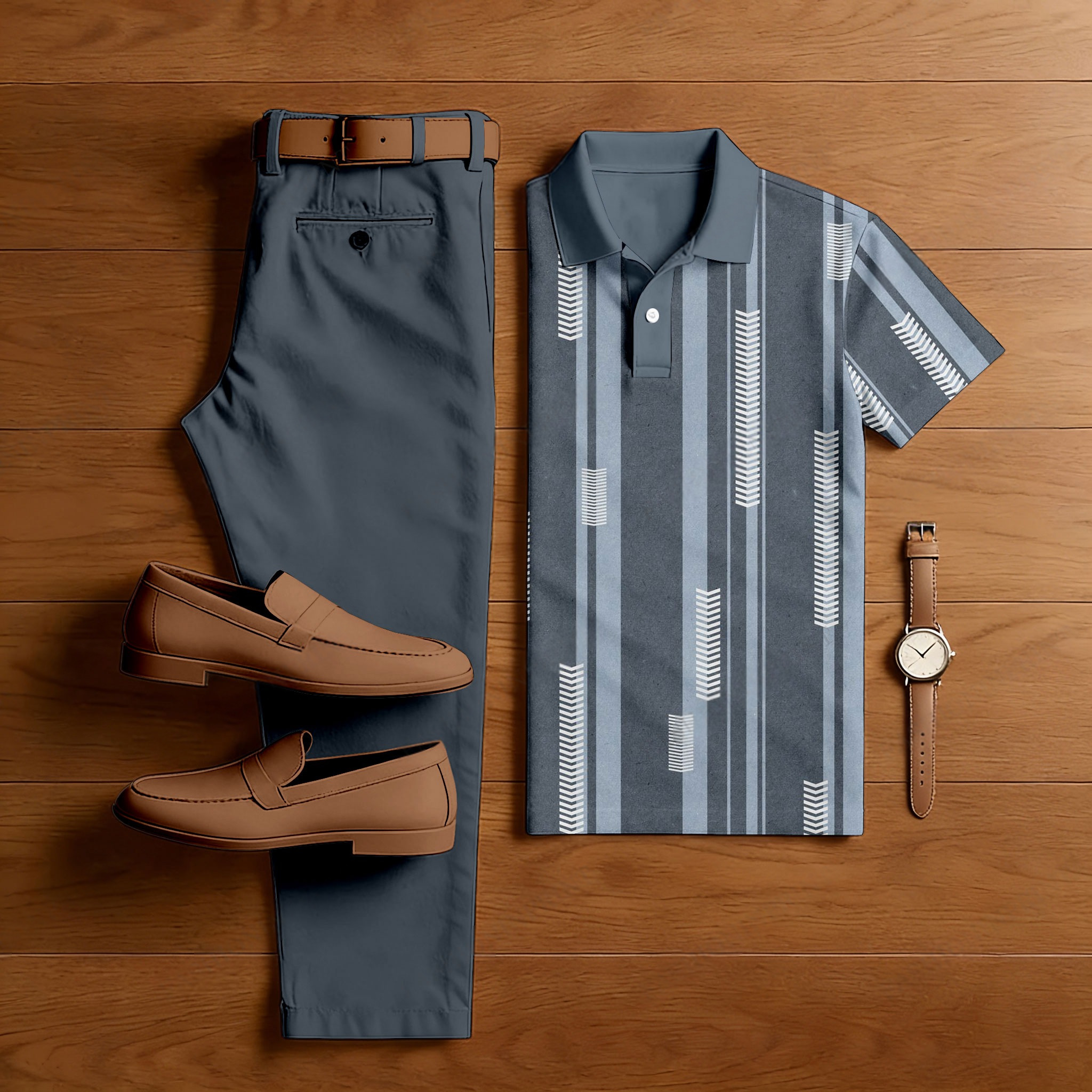 Conjunto de dos piezas casual Dark Gray rayas estampado camisa polo And pantalón para hombre