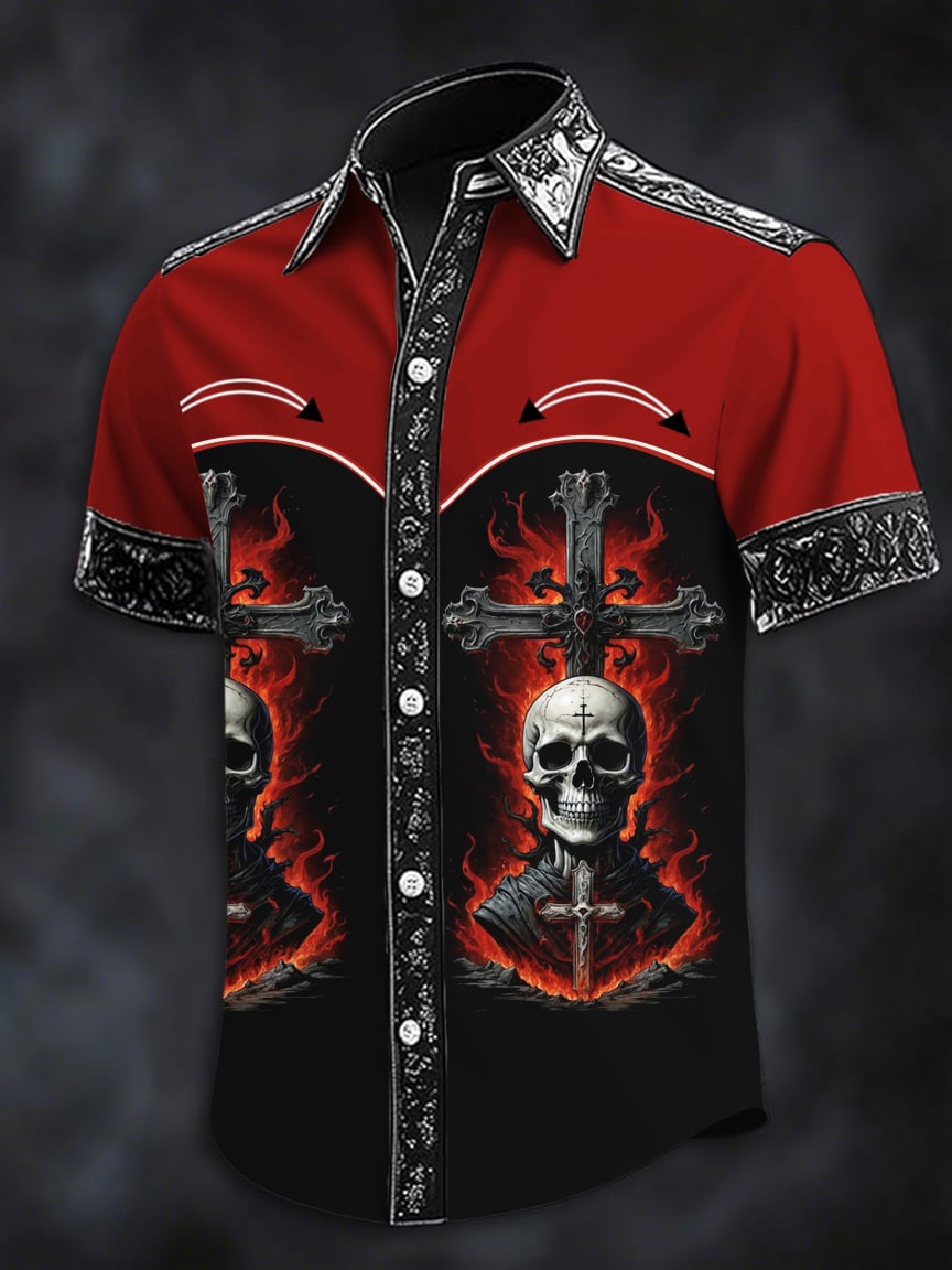 Camisa Dark Skull estampado casual de manga corta para hombre