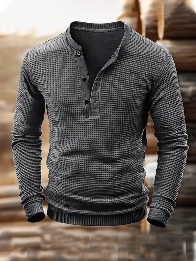 Camiseta vintage Waffle Color Patch Henley Neck para hombre