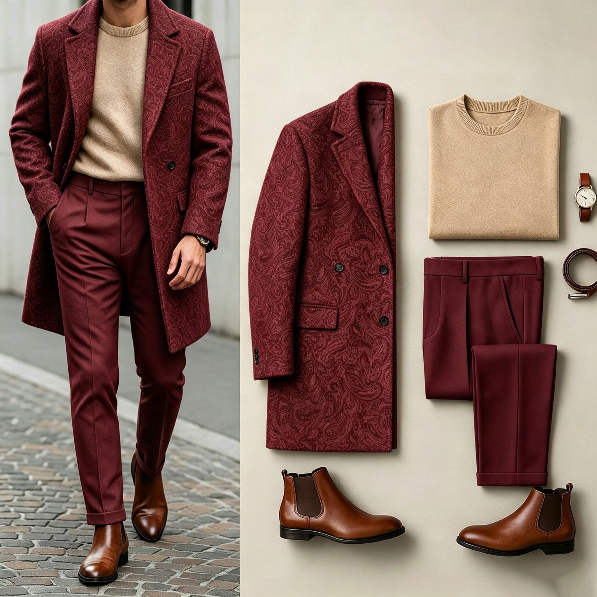 para hombre Red Three-Piece Set: Mid-Length Wool Coat, Crew-Neck Sweater, and Flowy Dress pantalón