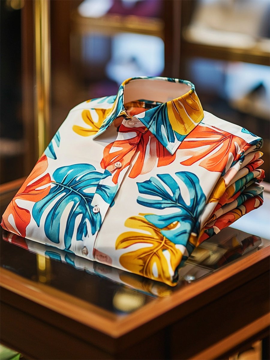 Camisa satén Luxe hawaiano estampado de manga corta Button para hombre