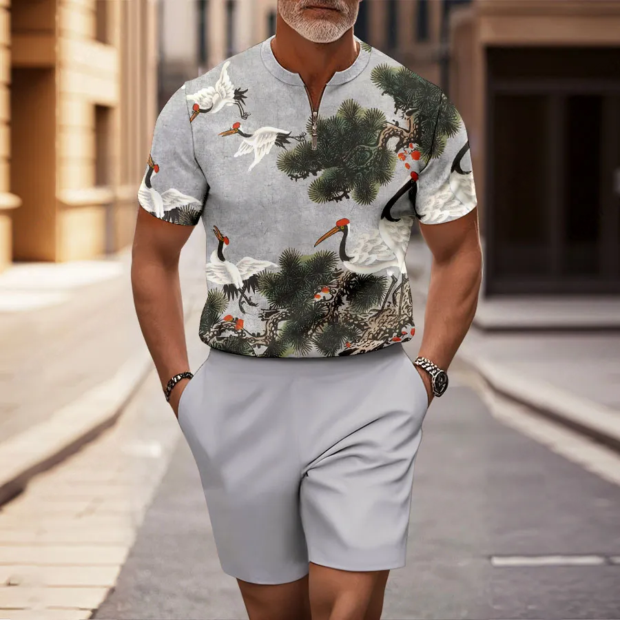 Conjunto de dos piezas casual Grey Crane Half-Zip de manga corta camisa And shorts para hombre