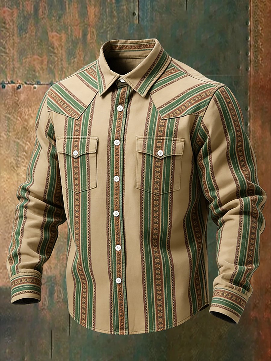 Camisa vintage a rayas Western de manga larga para hombre