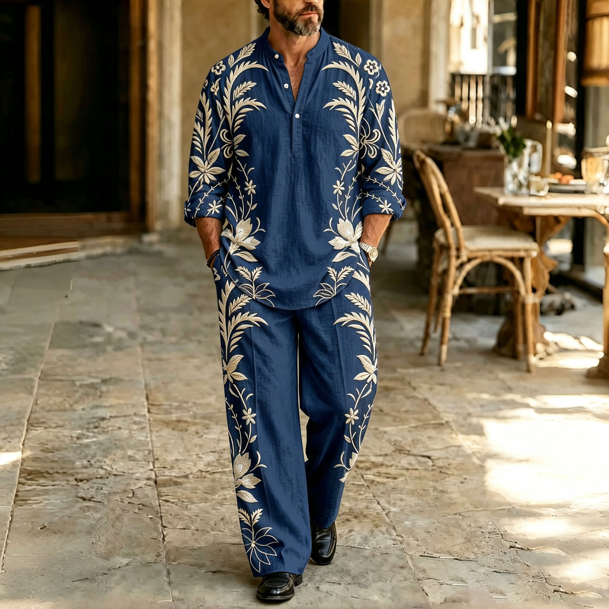 para hombre Vine-Print Stand-Collar camisa polo and pantalón Set
