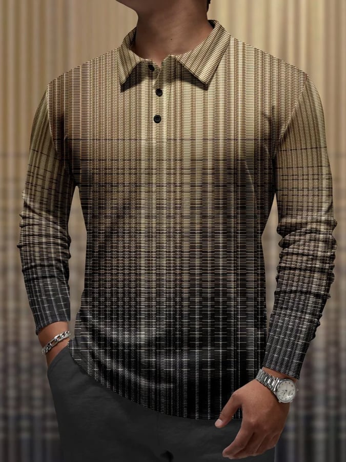 Camisa polo vintage geométrico a rayas estampado casual para hombre
