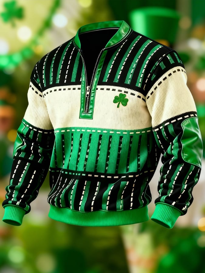 Sudadera (Detachable Shamrock Brooch Included) casual St. Patrick's Day Color-Block Half-Zip Stand-cuello de manga larga para hombre