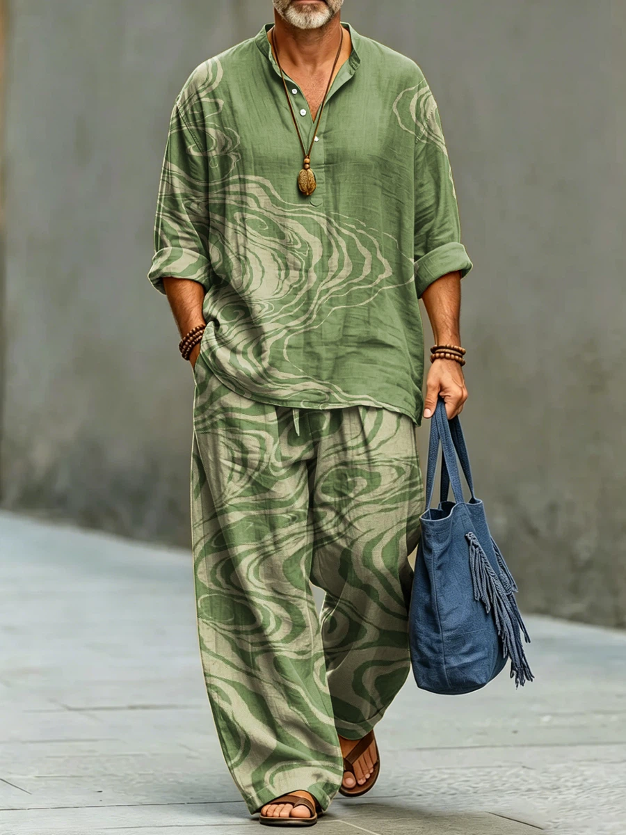 Camisa de modaable Abstract rayas Art estampado de algodón Set para hombre