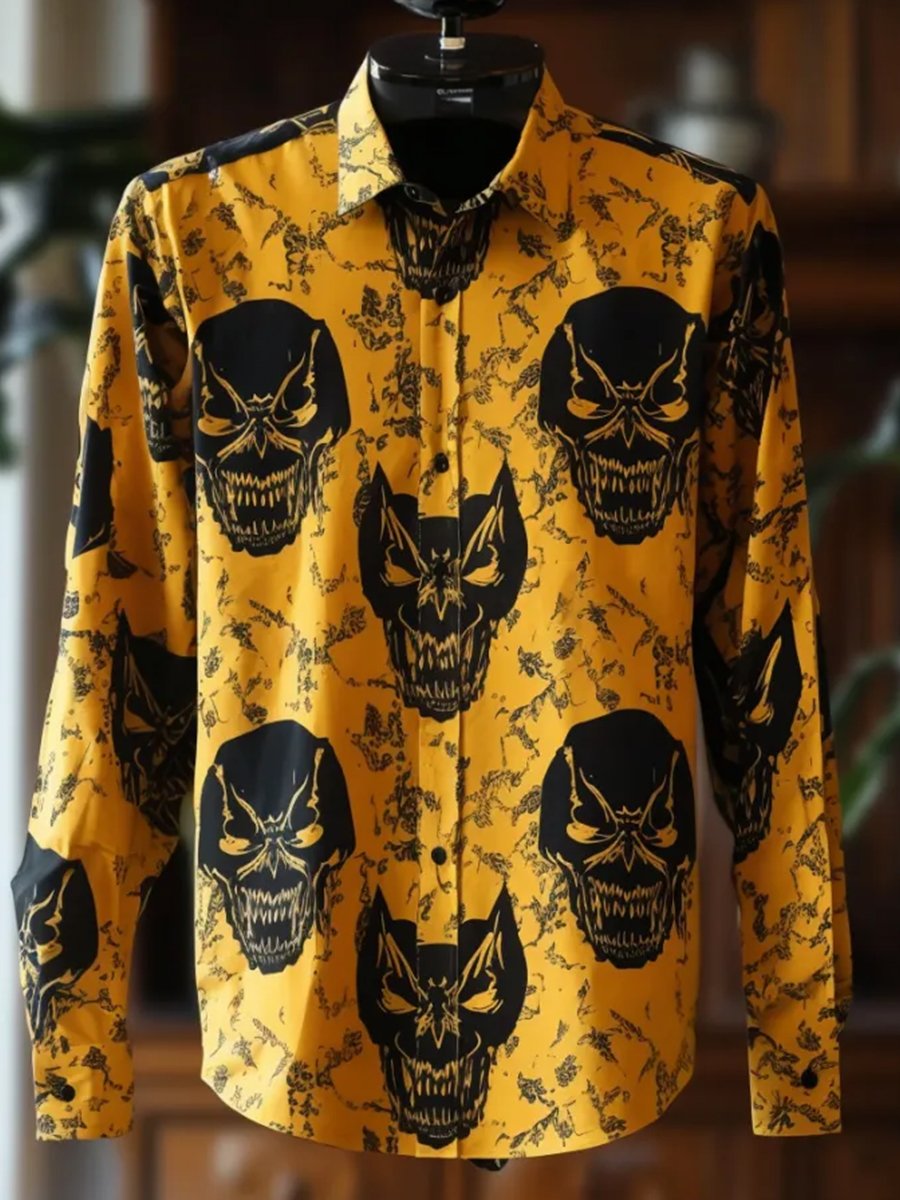 Camisa Gothic Dark Halloween Skull estampado de manga larga para hombre