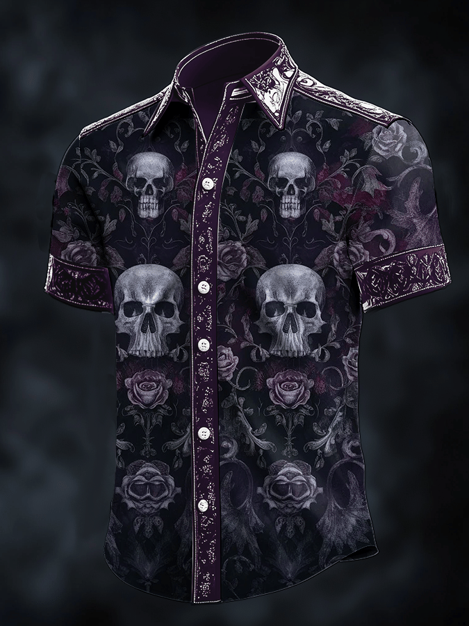 Camisa Dark Skull estampado satén de manga corta para hombre