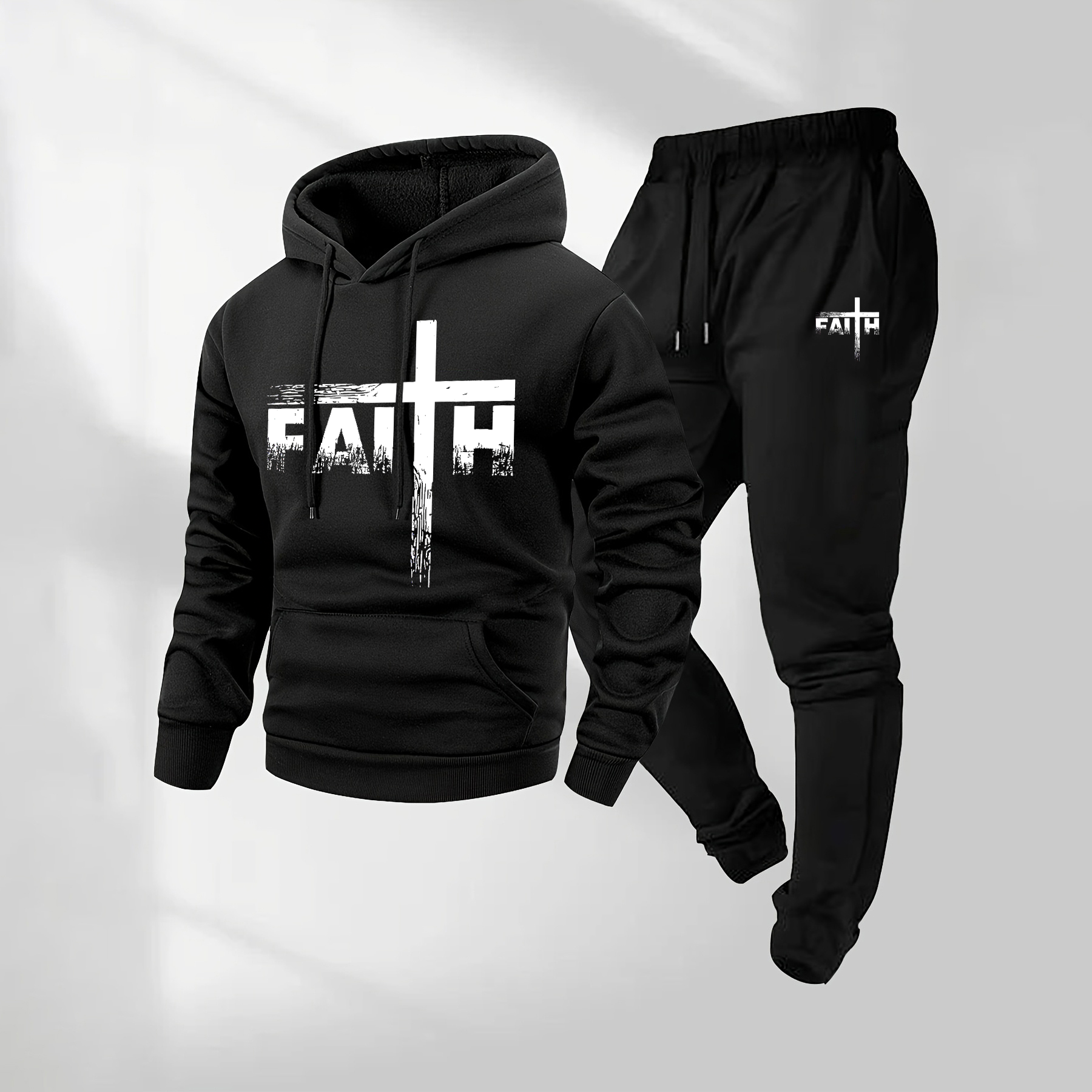 Sudadera con capucha Faith Letter Pattern estampado and Drawstring Sweatpantalón Set, Menswear, casual Athletic de manga larga Hooded chaqueta & Trousers for Fall & Winter, Clothing for para uso diario Wear, Sportswear Indoor para exterior, Tracksuit, Athleisure para hombre