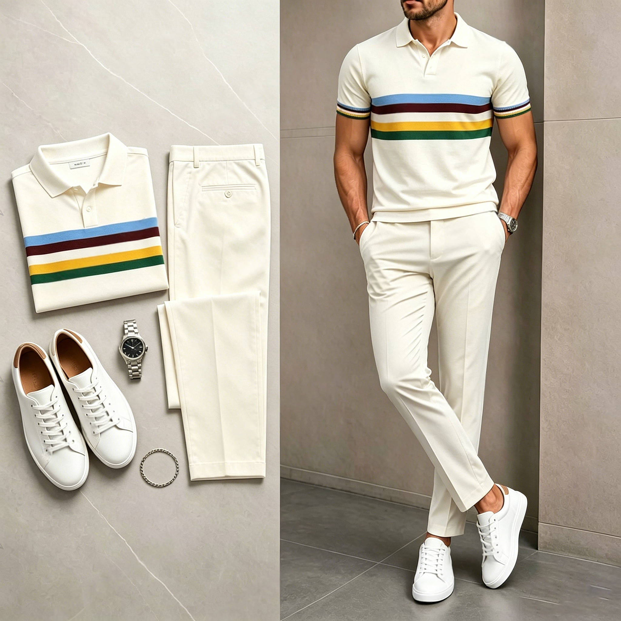 Conjunto de dos piezas casual White Geometry estampado camisa polo And pantalón para hombre