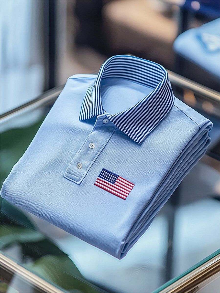 Camisa polo ejecutivo casual Independence Day a rayas Button de manga corta para hombre