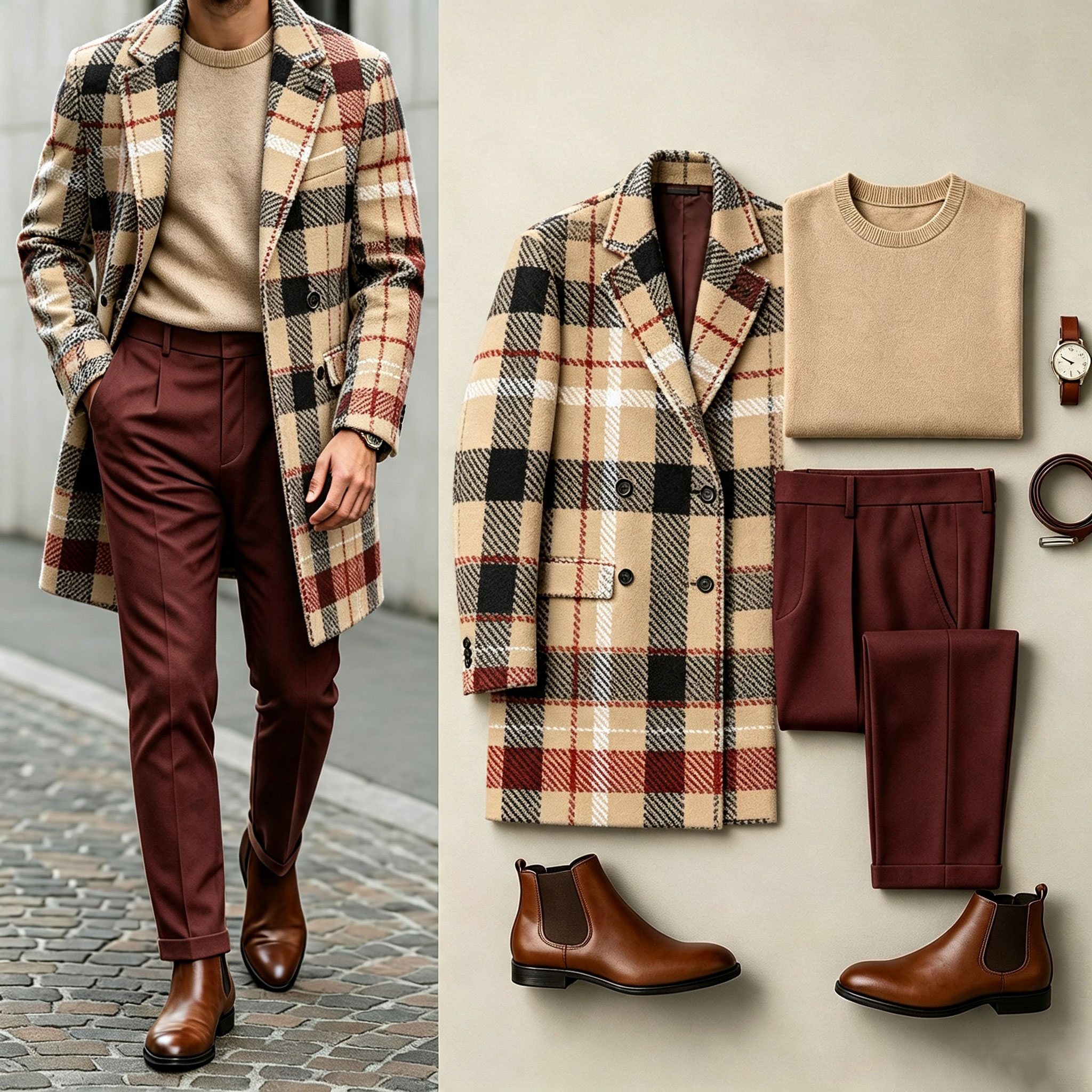 para hombre Plaid Three-piece Set: Mid-Length Wool Coat, Crew-Neck Sweater, and Flowy Dress pantalón