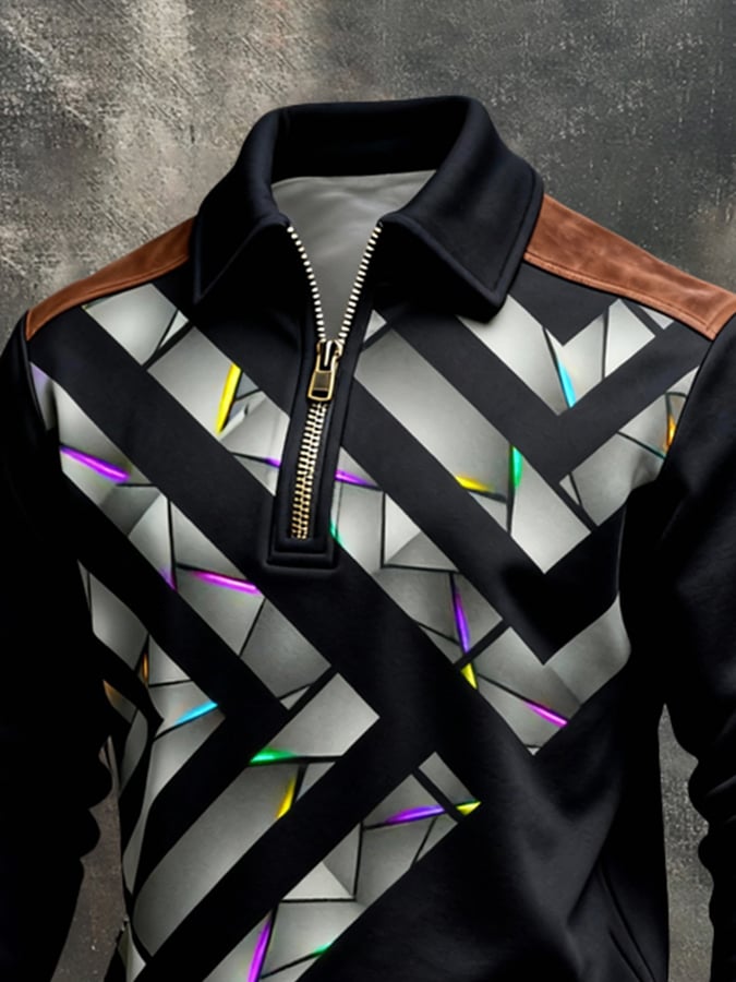 Sudadera retro en bloques de color estampado Color-Blocked con cierre para hombre