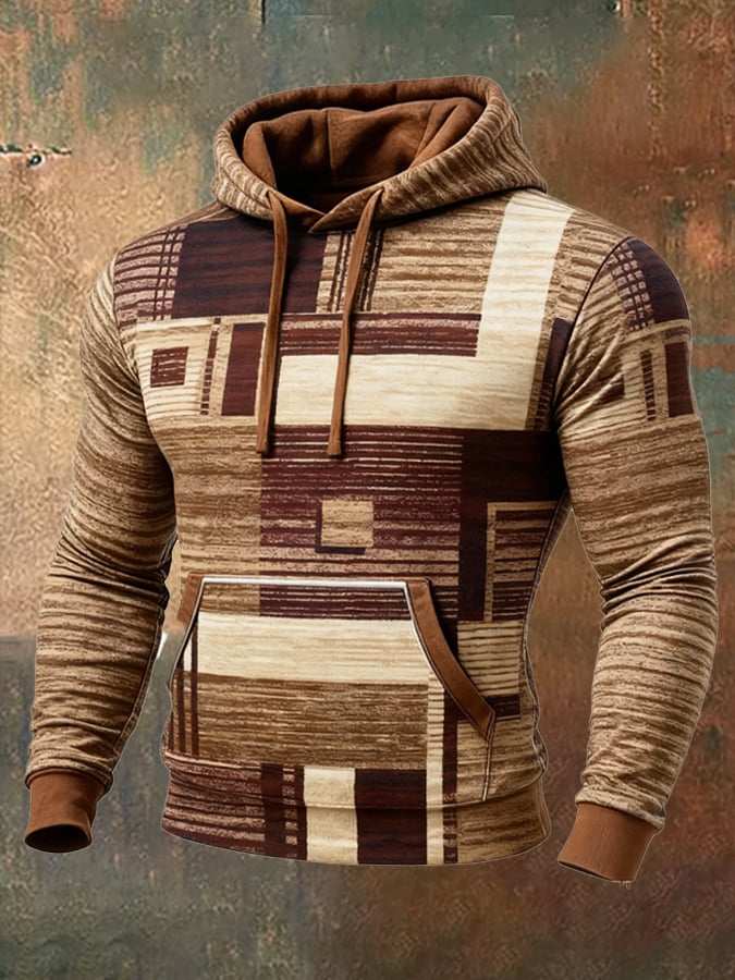 Sudadera retro desgastado en bloques de color estampado casual de manga larga para hombre