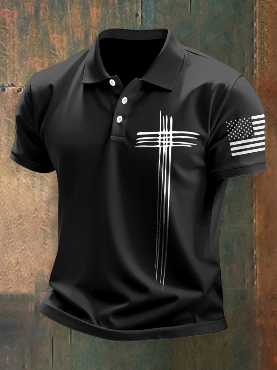 Camisa polo American Flag Cross Button de manga corta para hombre