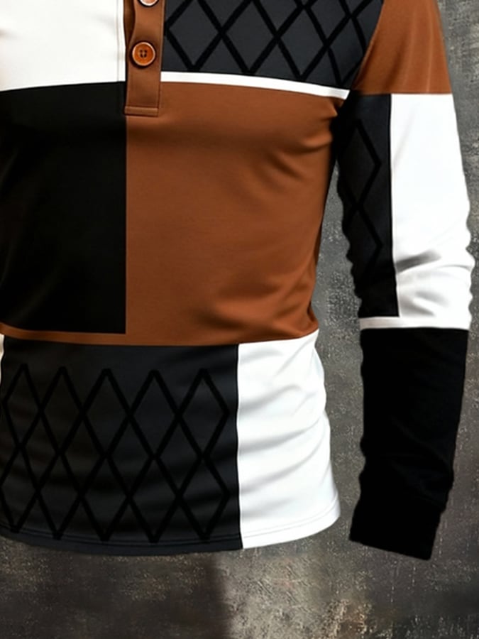 Camiseta retro Stitching Contrast Color Henley cuello de manga larga para hombre