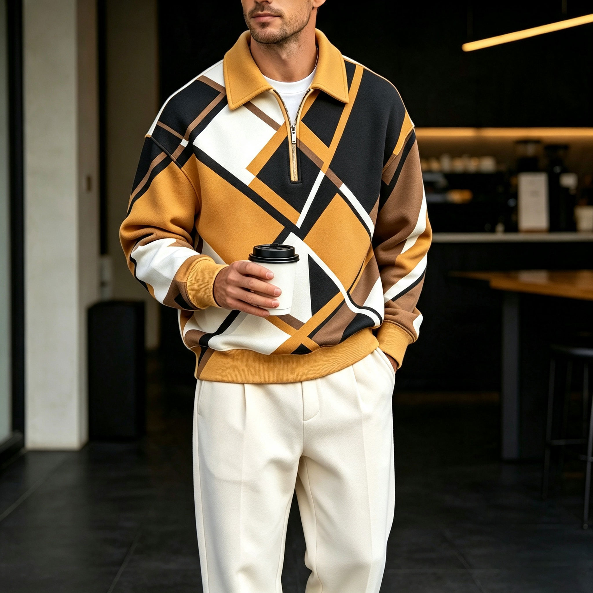para hombre Multi-en bloques de colored Zipper camisa polo and pantalón Set