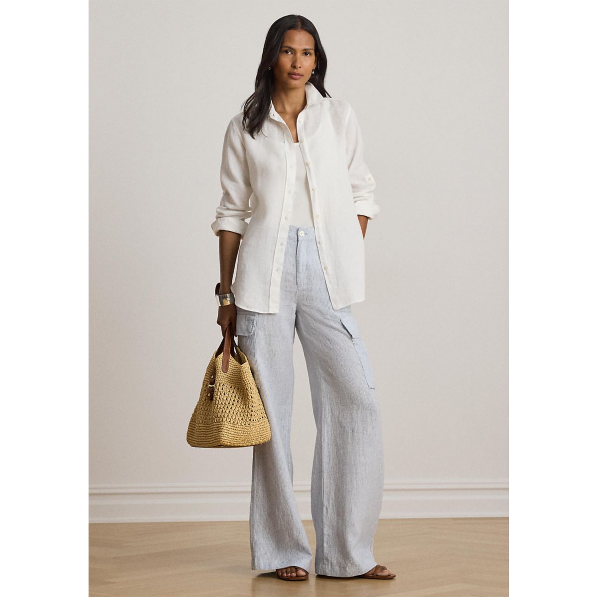 Pinstripe Linen Wide-Leg Cargo Pants - 4