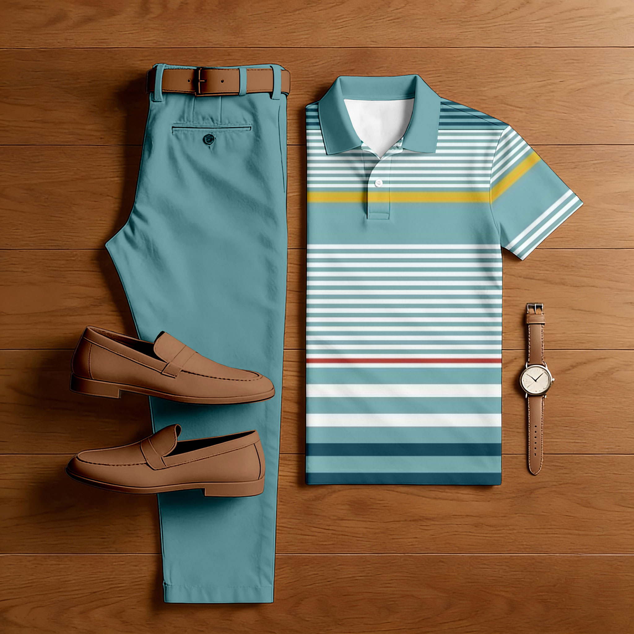 Conjunto de dos piezas casual Green & Yellow Color Matching a rayas estampado de manga corta camisa polo & Trousers para hombre