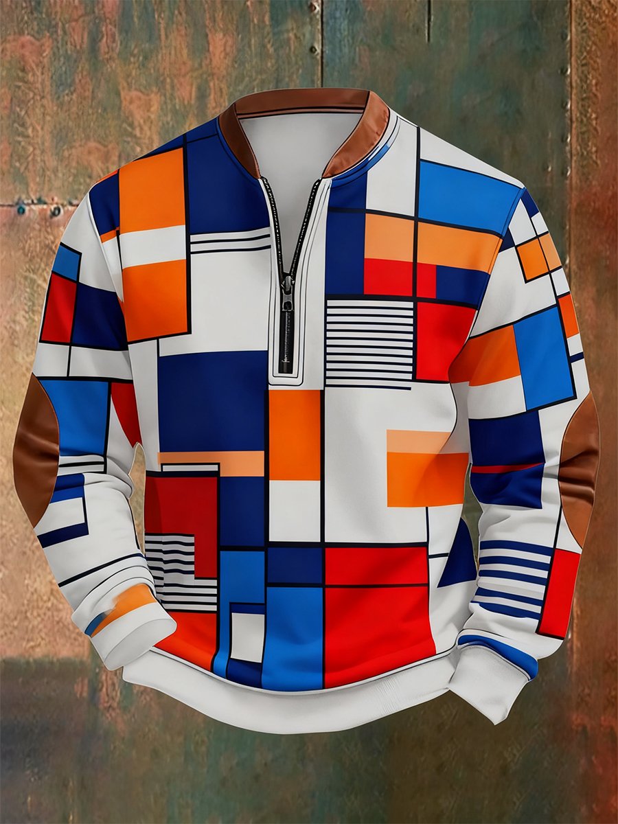 Sudadera retro Bauhaus geométrico Style estampado Quarter Zip para hombre