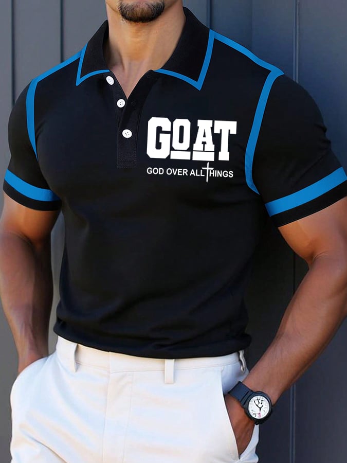Camisa polo retro Faith “Goat God Over All Things” casual estampado para hombre