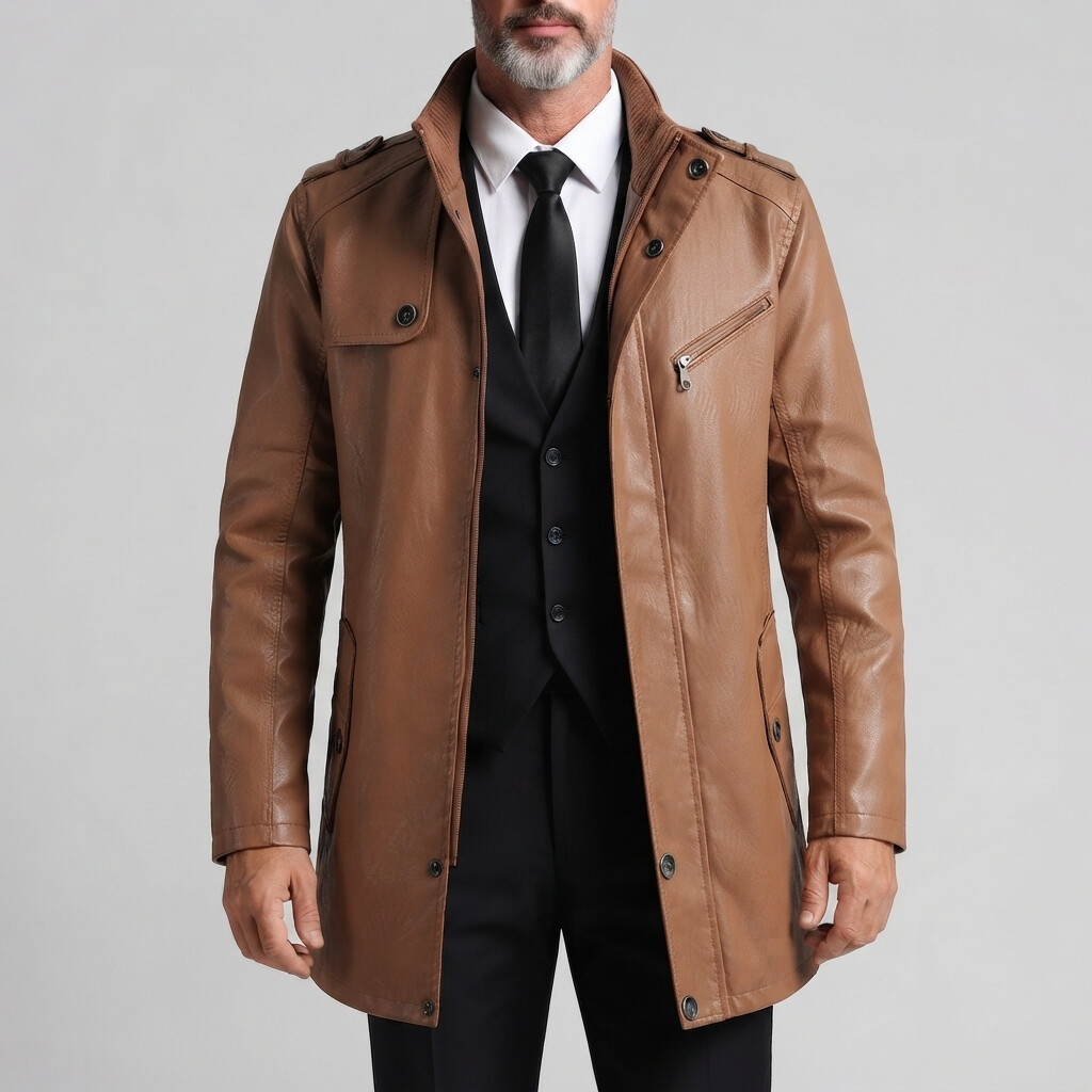 para hombre vintage Stand Collar de corte entallado Zipper Mid-Length PU Leather chaqueta
