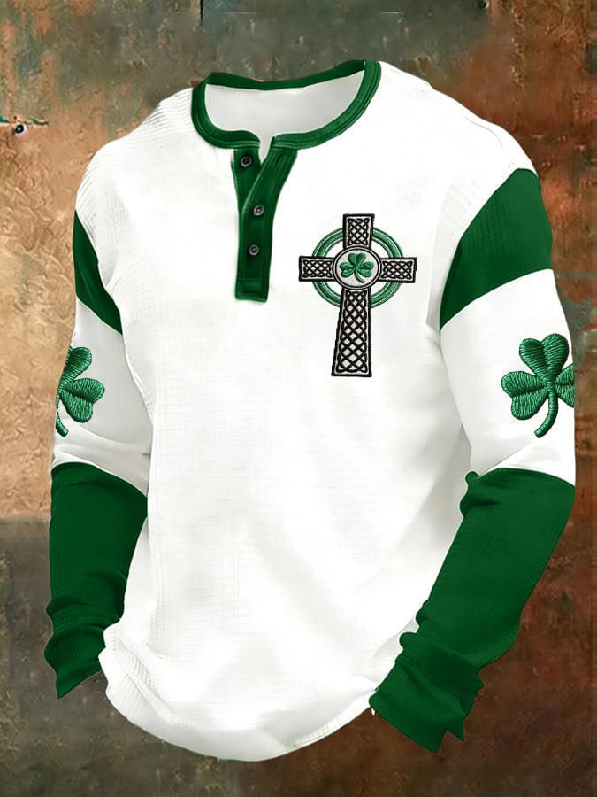 Camisa vintage St. Patrick's Day estampado Henley para hombre