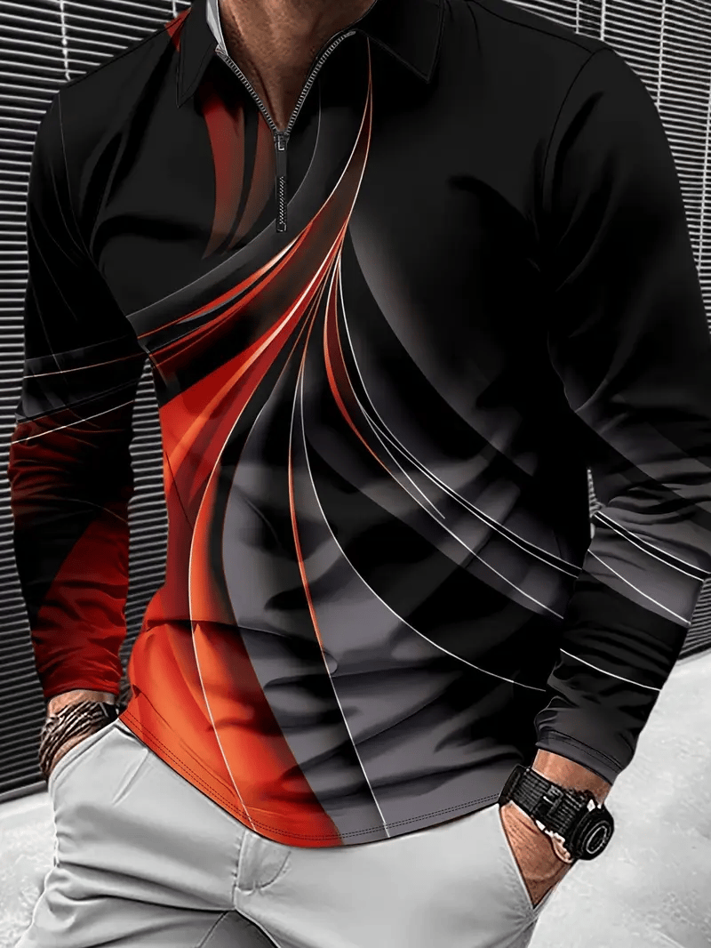 Camisa polo a rayas Luxe cierre Neck de manga larga para hombre