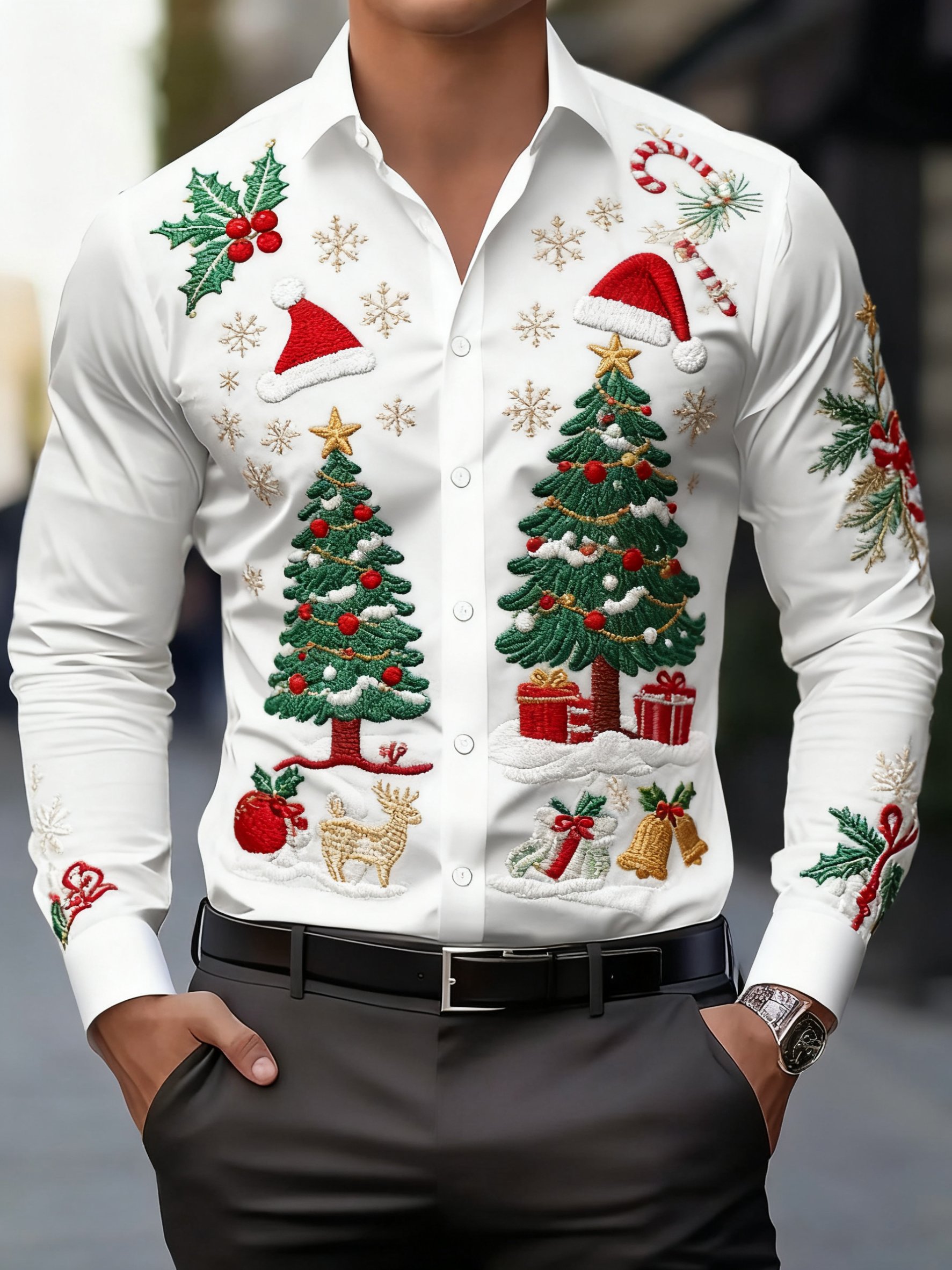 Camisa ejecutivo Christmas estampado de manga larga para hombre
