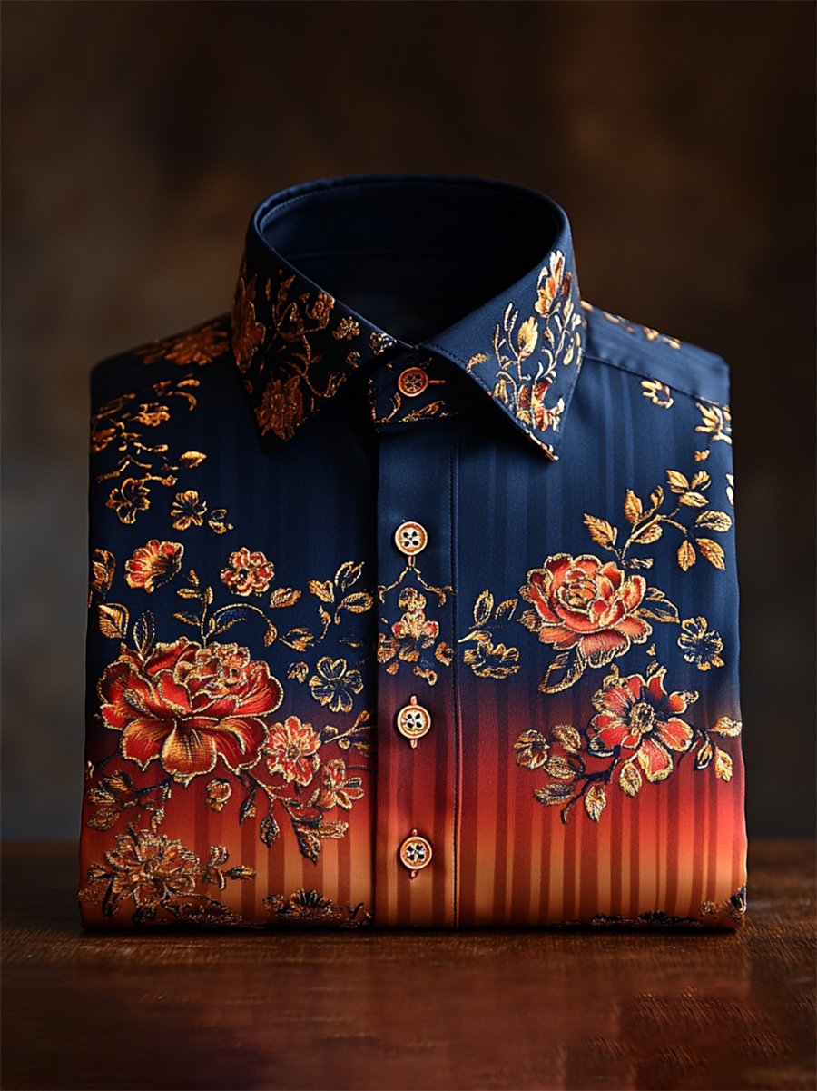 Camisa casual Festive degradado floral estampado de manga larga para hombre