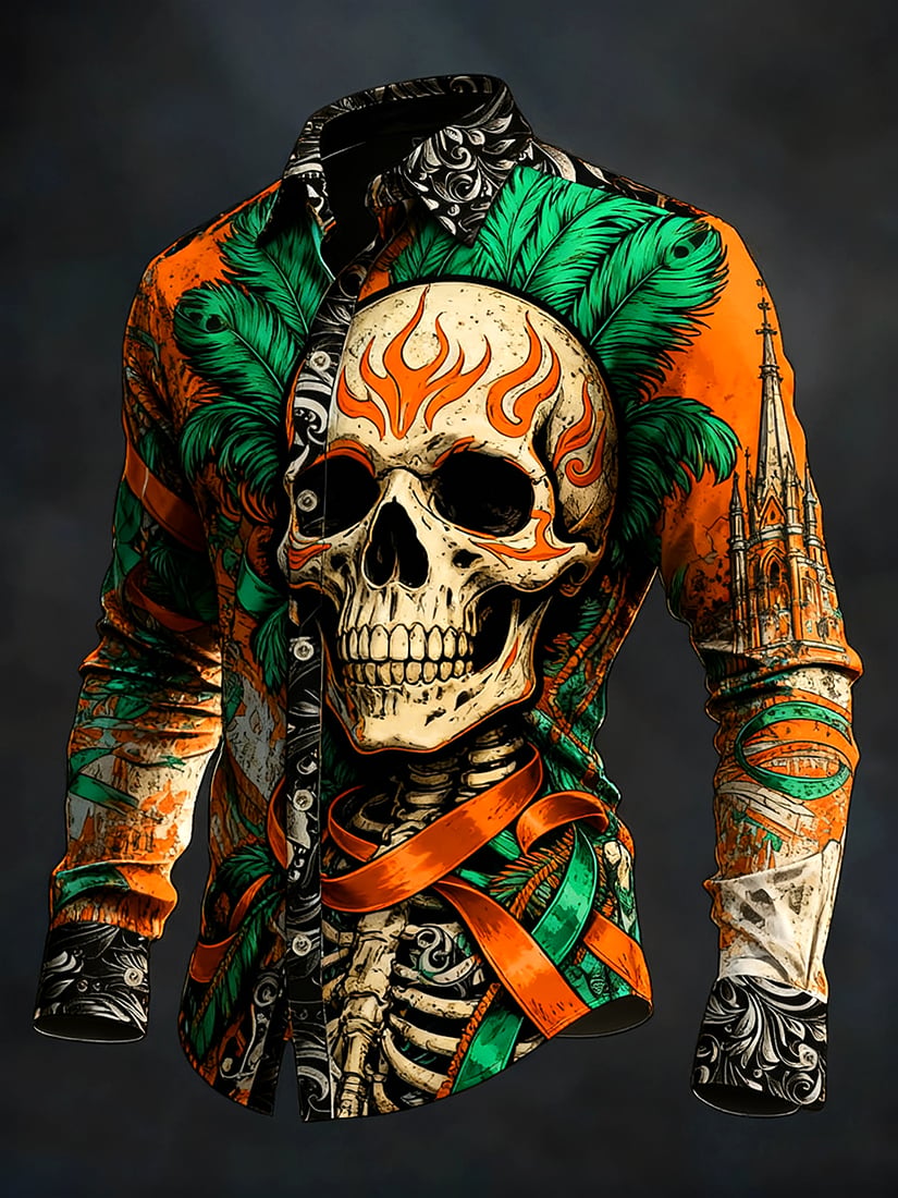 Camisa retro Carnival Skull de manga larga para hombre