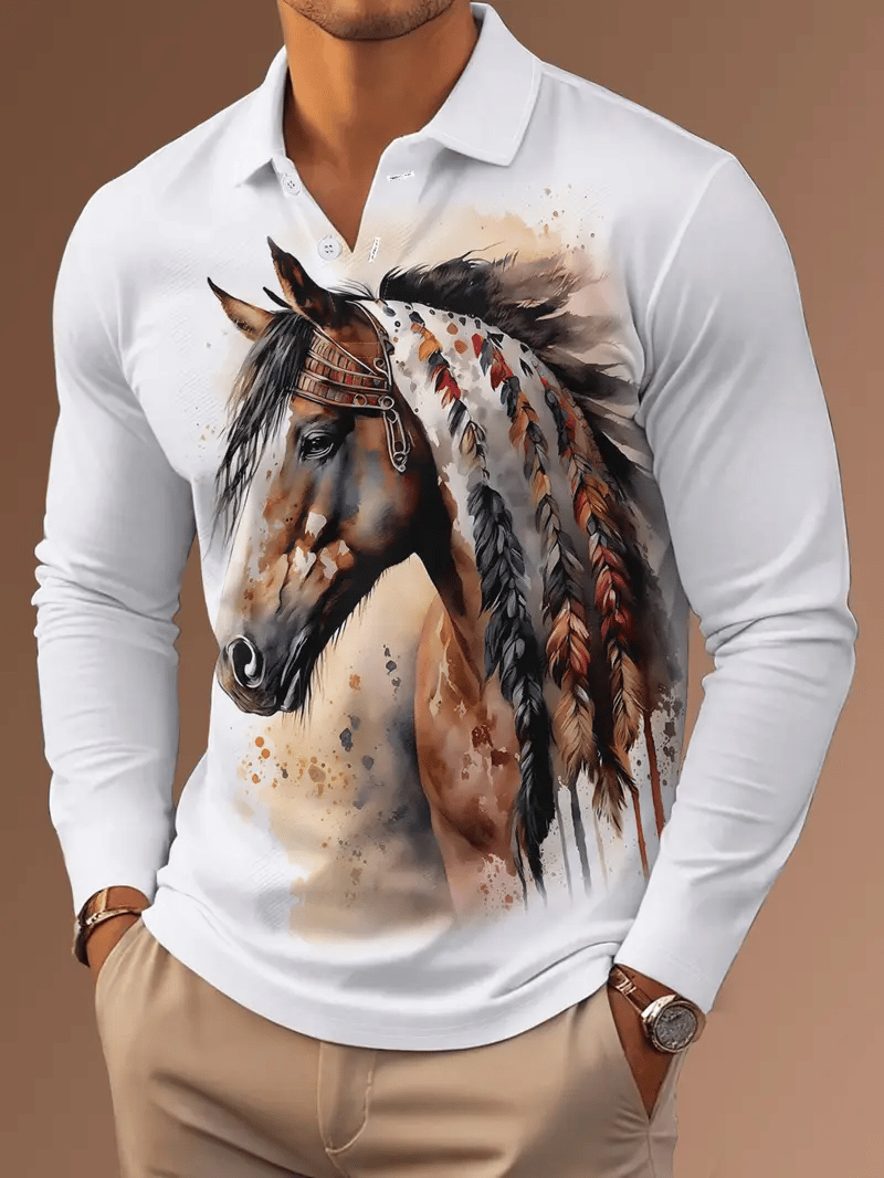 Camisa polo retro ejecutivo rayas estampado de manga larga para hombre