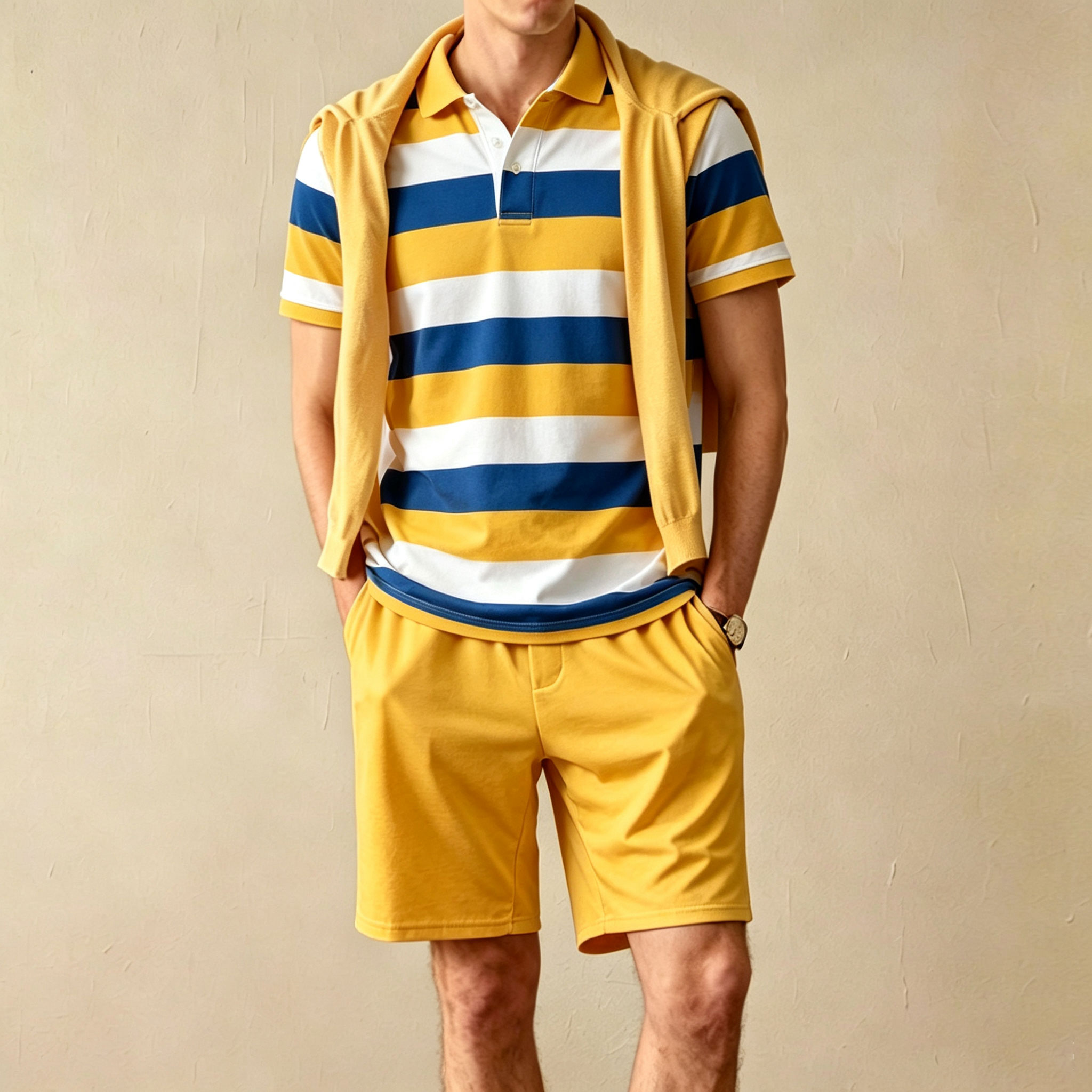 Conjunto de dos piezas casual Horizontal a rayas estampado de manga corta camisa polo and shorts para hombre