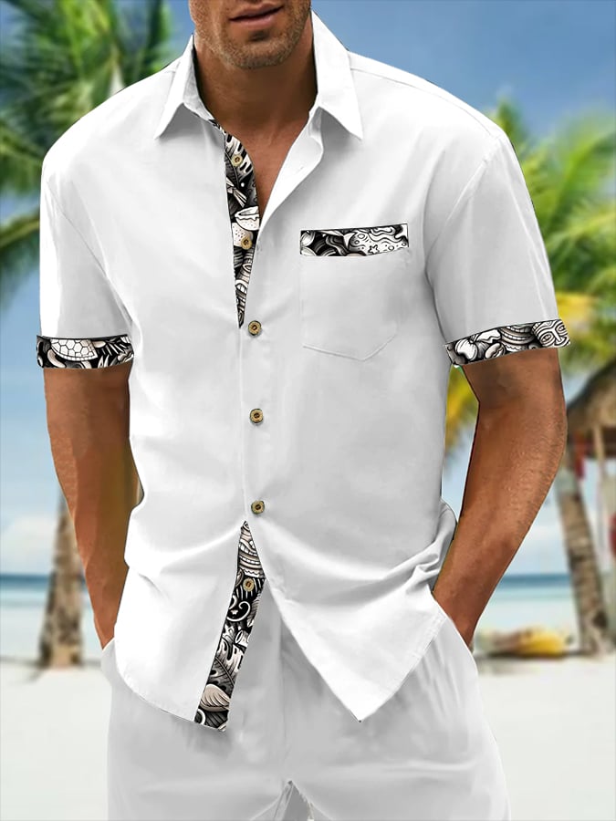 Camisa Resort Style Contrast estampado casual de manga corta para hombre