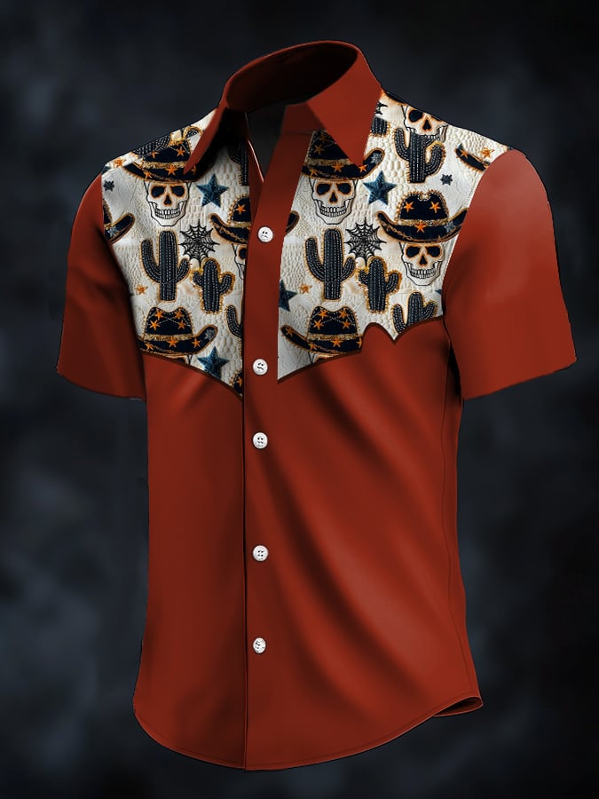 Camisa retro Western Contrast estampado de manga corta casual para hombre