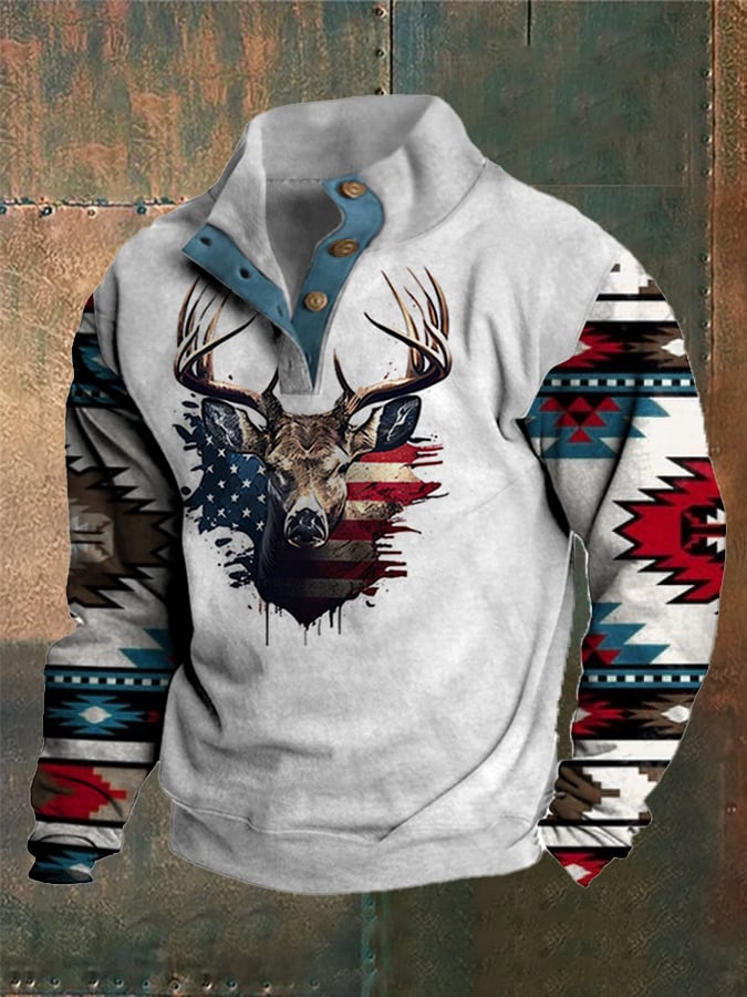 Sudadera Western Style estampado Stand cuello Button para hombre