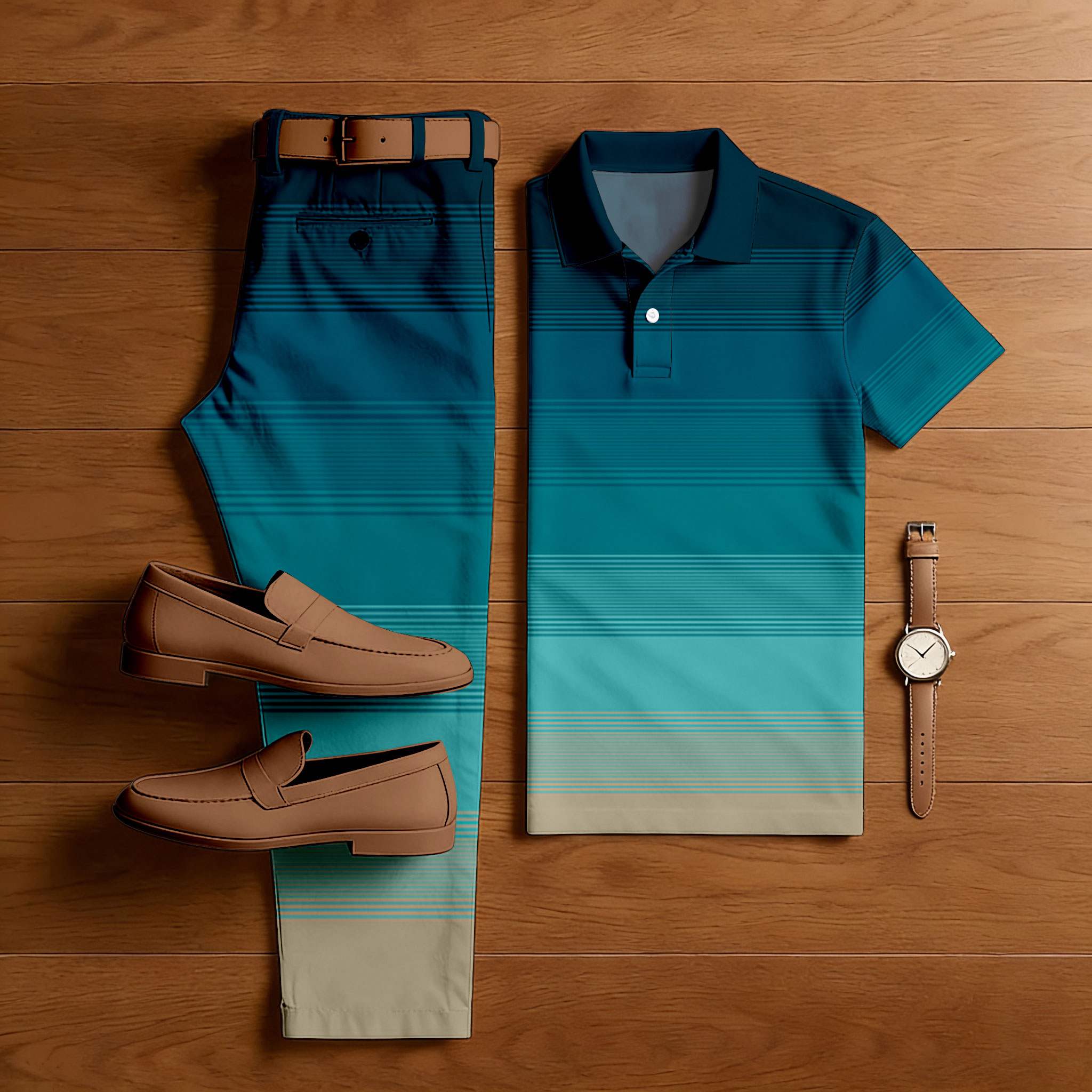 Conjunto de dos piezas casual Green Gradient Color Matching a rayas estampado de manga corta camisa polo & Trousers para hombre