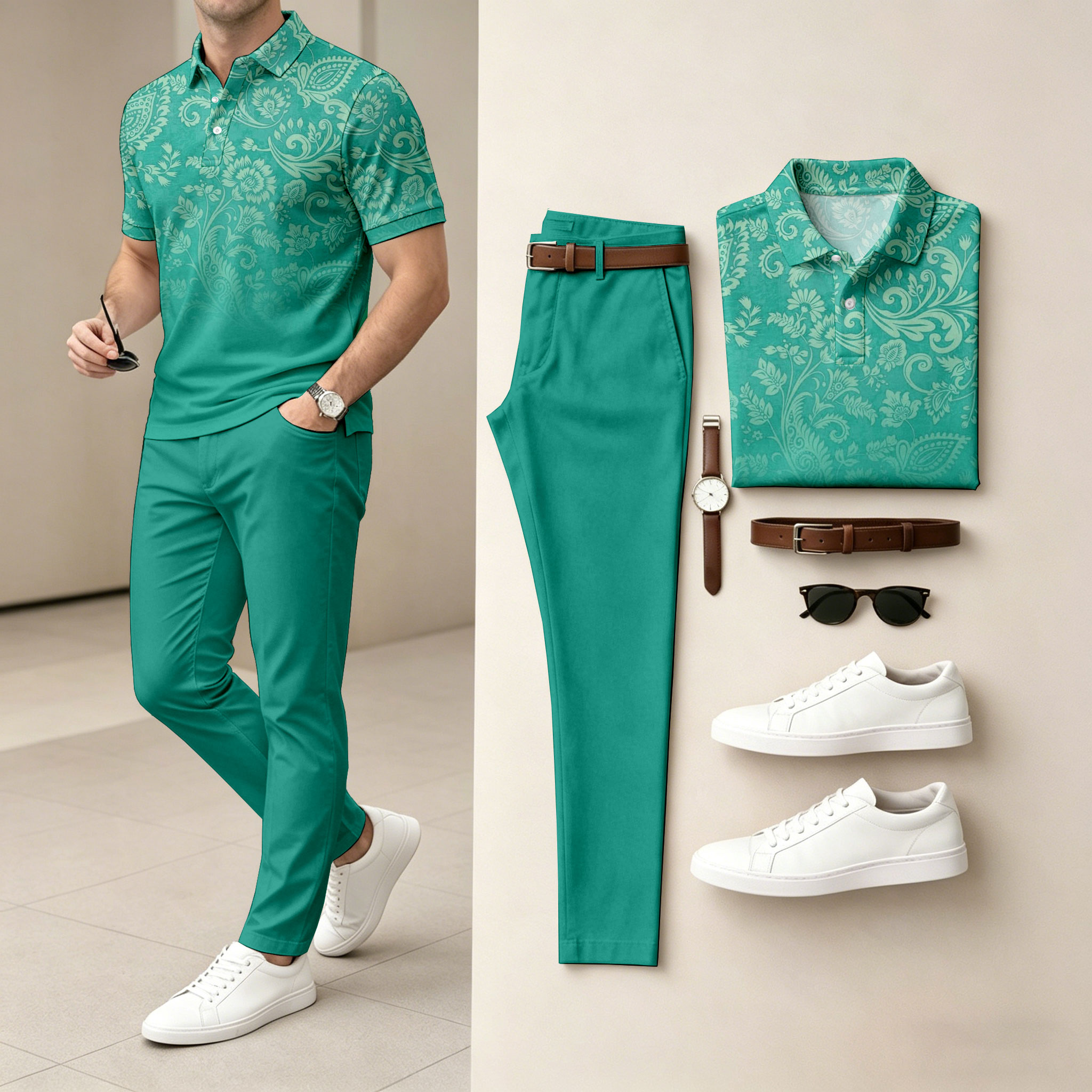 para hombre de manga corta camisa polo with Gradient Print and pantalón Set