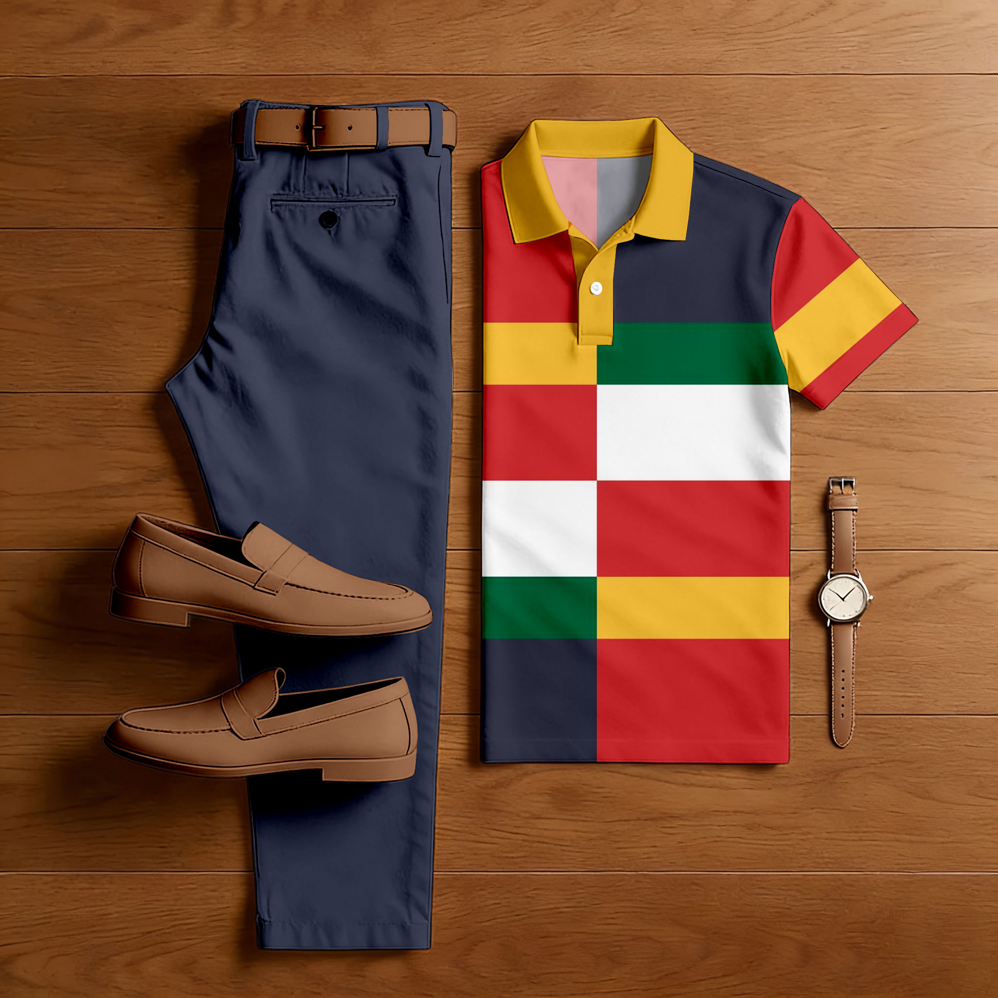 Conjunto de dos piezas casual Navy Blue & Multi Color Matching Geometric estampado de manga corta camisa polo & Trousers para hombre