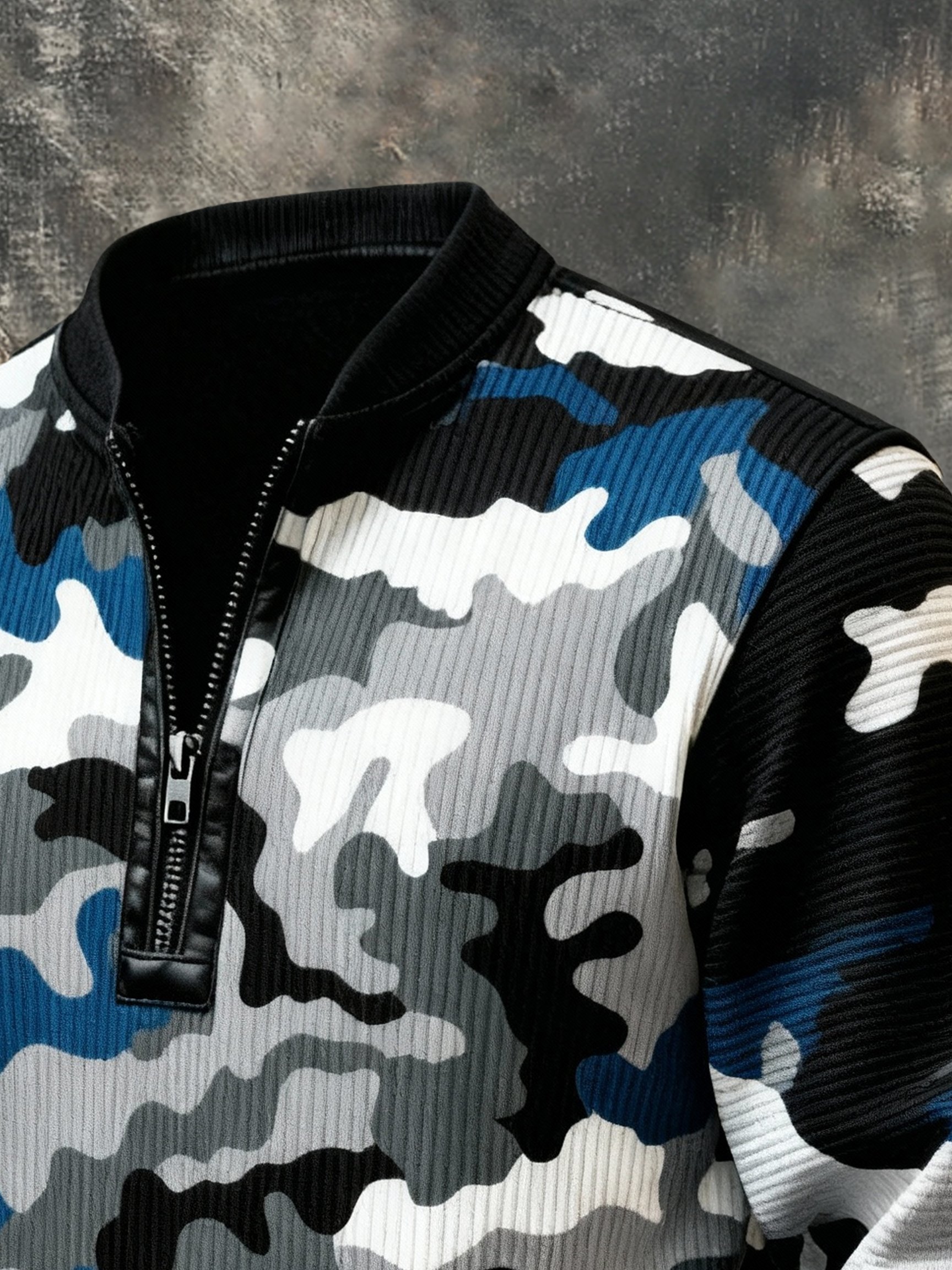 Sudadera casual retro Contrast Color Half Zip Stand cuello de manga larga para hombre