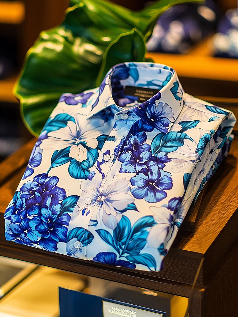 Camisa satén Luxe hawaiano estampado de manga corta Button para hombre